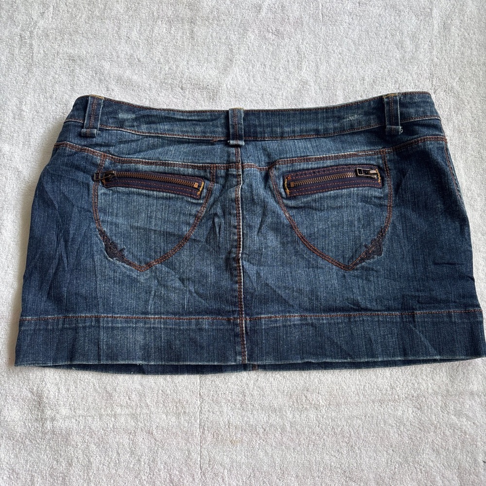 Decree Y2K Denim Mini Skirt Dark Wash Zipper Pockets Low Rise Size 15